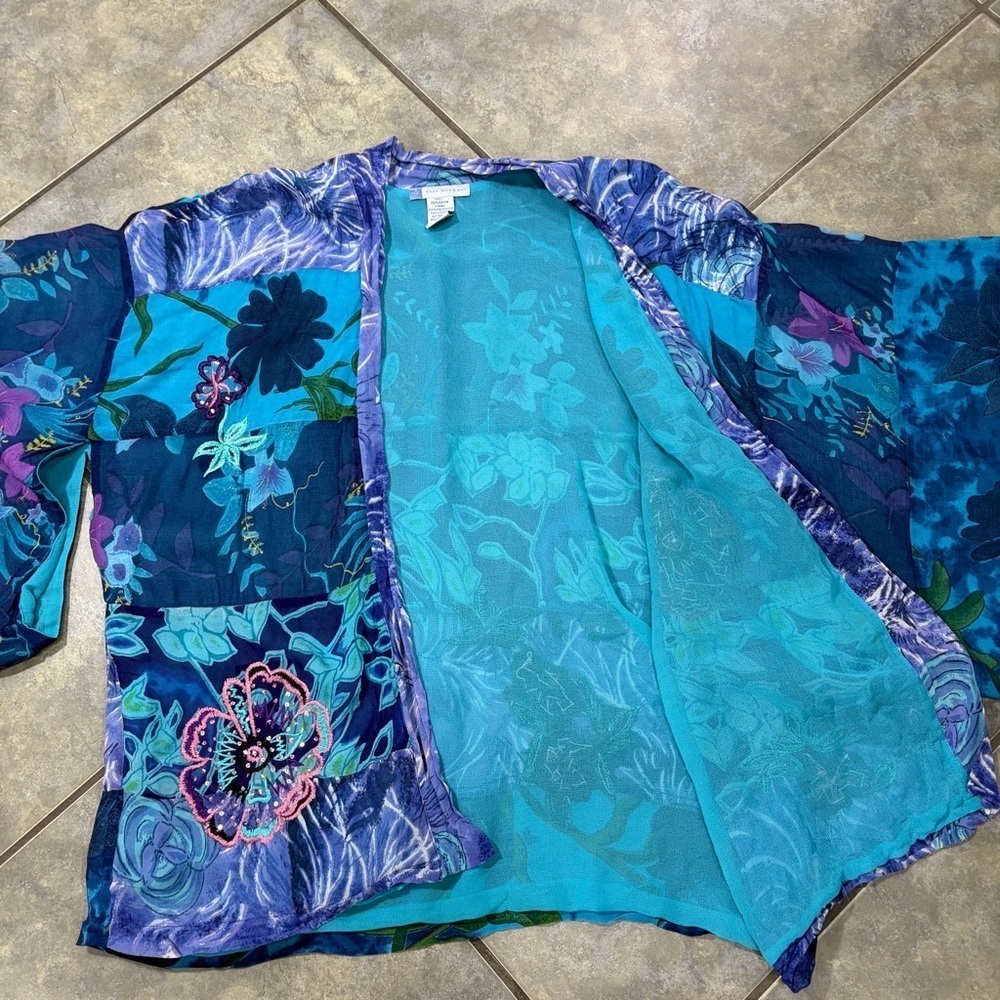 Half Moon Bay Womens Blue Floral Beaded Embroidered Open Kimono Sz L Boho Hippie - Picture 8 of 13